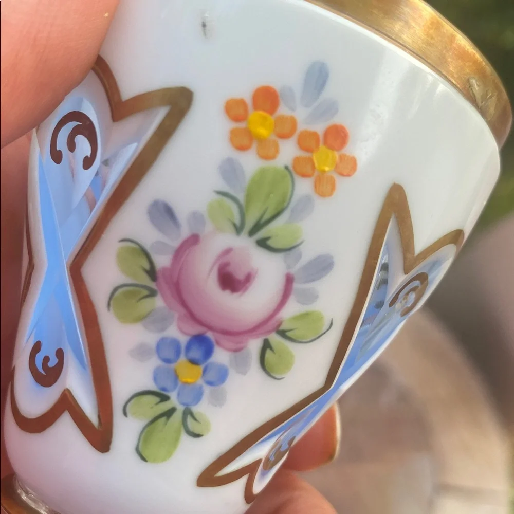 ❤️💙 Czech Bohemian Hand Enameled Floral White Cased Cut to Cranberry Glass -🌺🌸